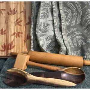 Farmhouse Kitchen Lot: Vintage Placements and Wooden Utensils for Use or Decor